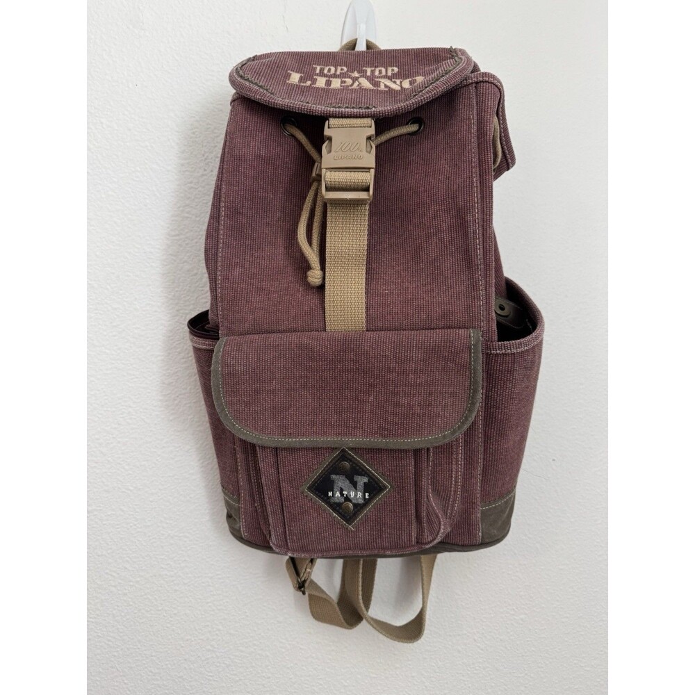 Lipano Backpack Canvas Maroon Olive Green Tan Ribbed Pockets EUC Unisex Travel
